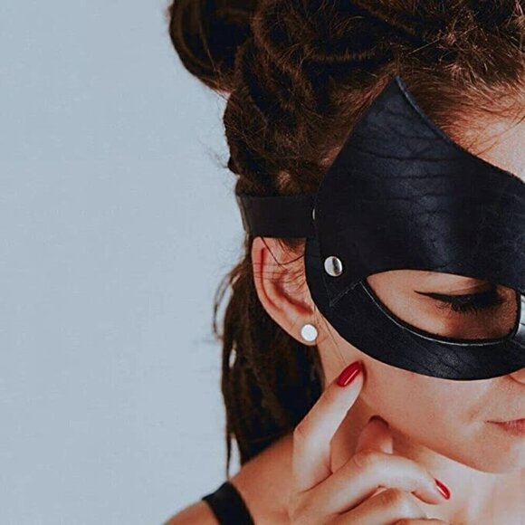 𝅺BLACK Leather Kitty Cat Masquerade Face Mask Slave Bondage BDSM Costume Cosplay